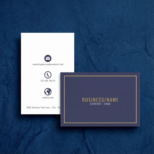 Bleu et blanc icônes or bordé carte de visite (Blue and white icons gold border business card.)