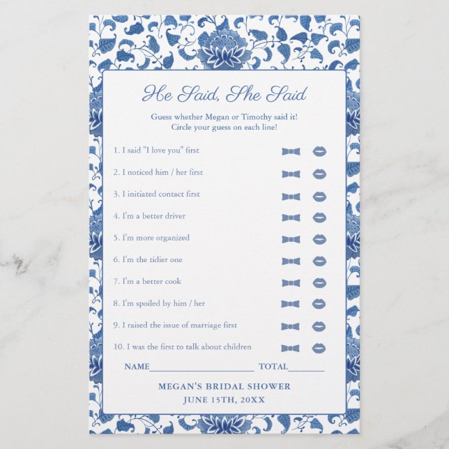 Bleu Et Blanc Il Dit Qu'Elle A Dit Douche Carte De (Devant)