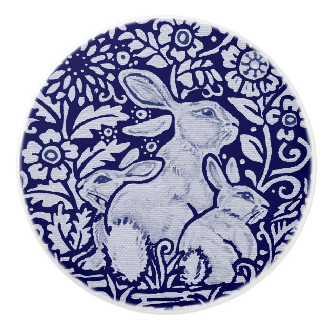Bleu et blanc Lapin Famille Tiroir Tête Bouton Ded (Devant)