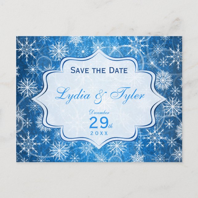 Bleu et blanc Snowflakes Enregistrer la carte Date (Devant)