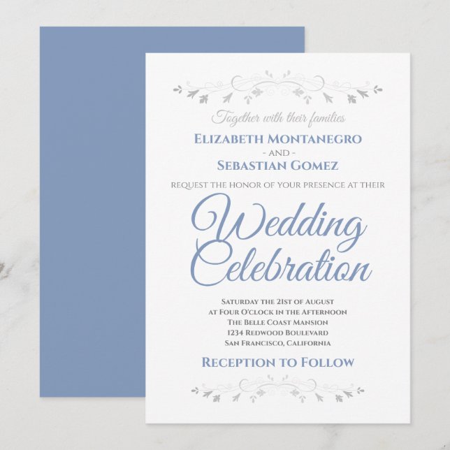 Bleu et gris Simple Elégant Mariage Invitation (Devant / Derrière)