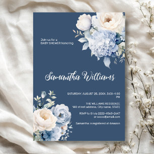 Bleu et ivoire floral fille baby shower invitation