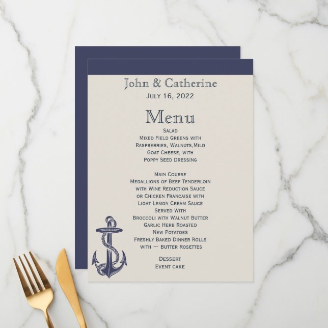 Bleu et ivoire Nautique Thème Mariage Menu (Devant/Arrière en situation)