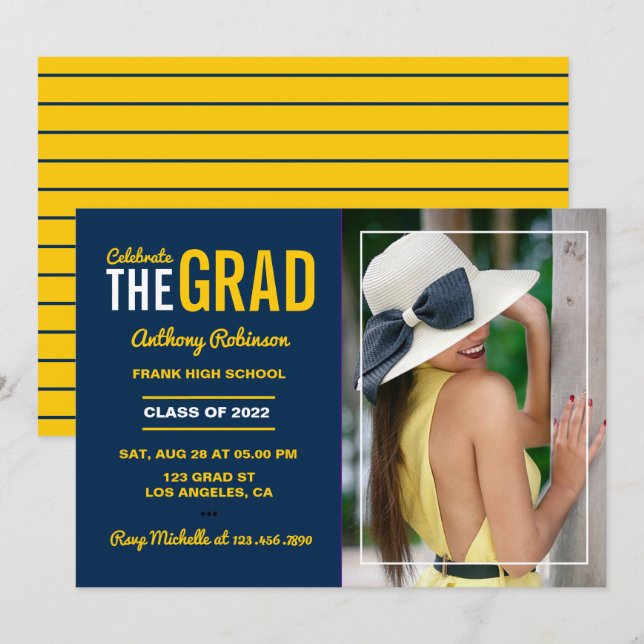 Bleu et maïs Graduation Party Photo Invitation (Devant / Derrière)