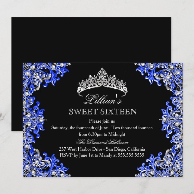 Bleu et noir Damas Tiara Sweet 16 Invitation (Devant / Derrière)