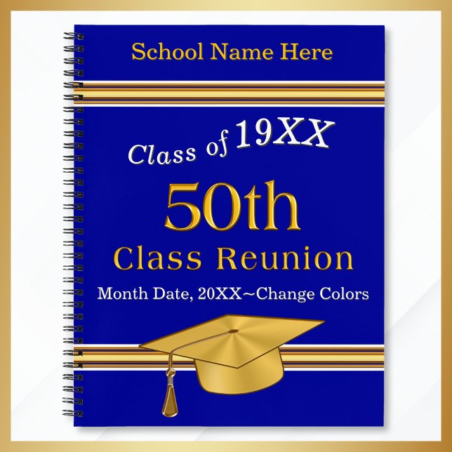Bleu et or, 50ème Classe Réunion Carnet Deluxe (50th class reunion party ideas. Blue Gold 50th high school reunion gifts. 50 year reunion notebook.)