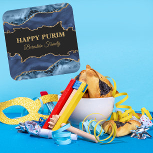 Bleu et Or Agate Hébreu Happy Purim Stickers