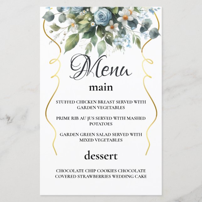 Bleu et Or Élégant Floral Rustique Menu Aquarelle (Devant)