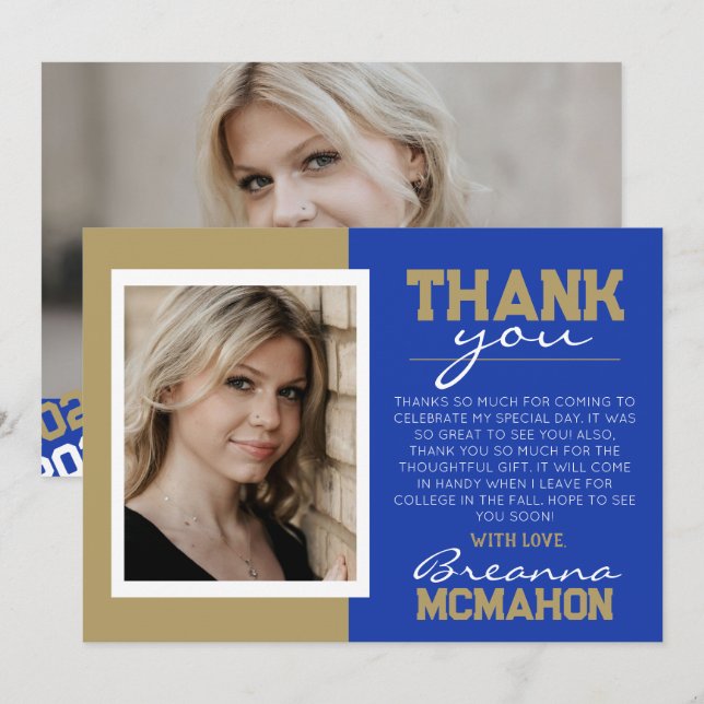 Bleu et or Graduation 2 Carte de remerciements pho (Devant / Derrière)
