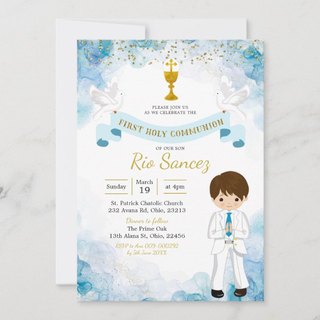 Bleu et or première communion garçon Invitation (Devant)