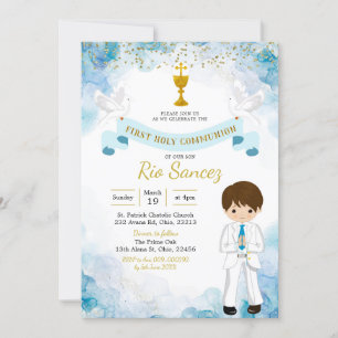 Bleu et or première communion garçon Invitation