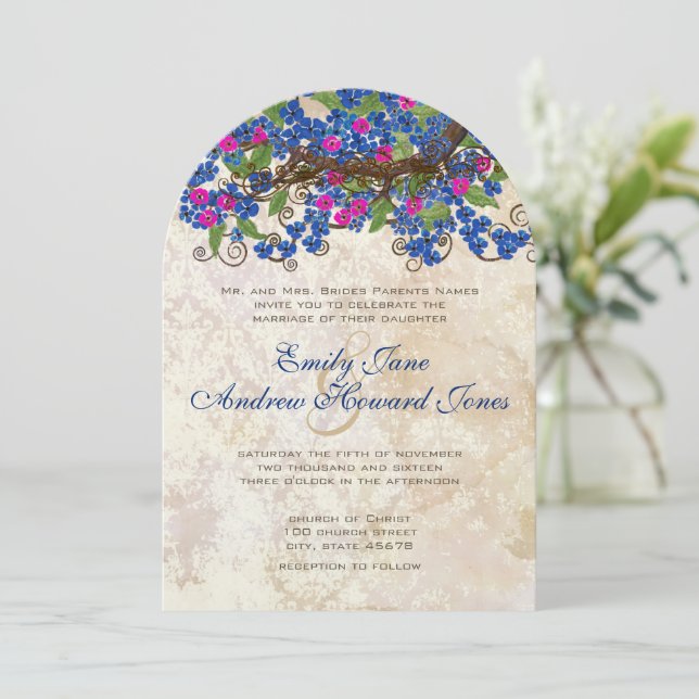 Bleu et rose cerisier Fleur Thé Stain Invitations (Debout devant)