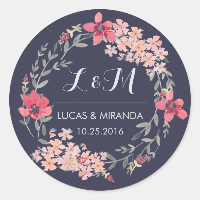 Bleu et rose fleuri Wreath Wedding Favor Sticker (Devant)
