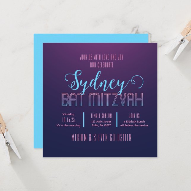 Bleu et rose Neon Bat Bar Mitzvah Party Invitation (Devant/Arrière en situation)
