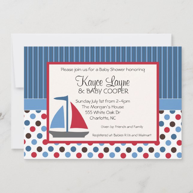 Bleu et rouge Stripes and Dots Sailboat Invitation (Devant)