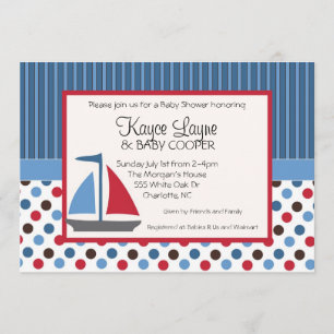 Bleu et rouge Stripes and Dots Sailboat Invitation