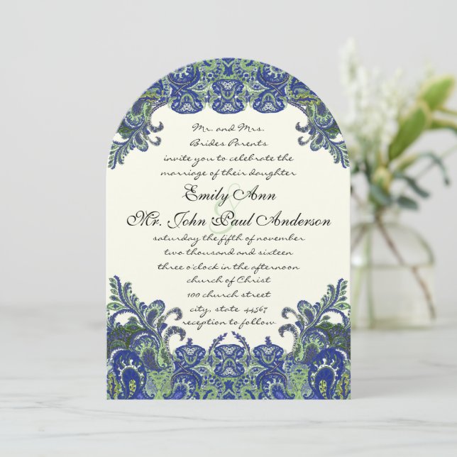 Bleu et vert Peacock Ivory Wedding Invitations (Debout devant)