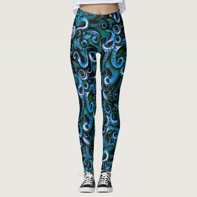 Bleu et vert Tentacles de pieuvre Leggings (Devant)