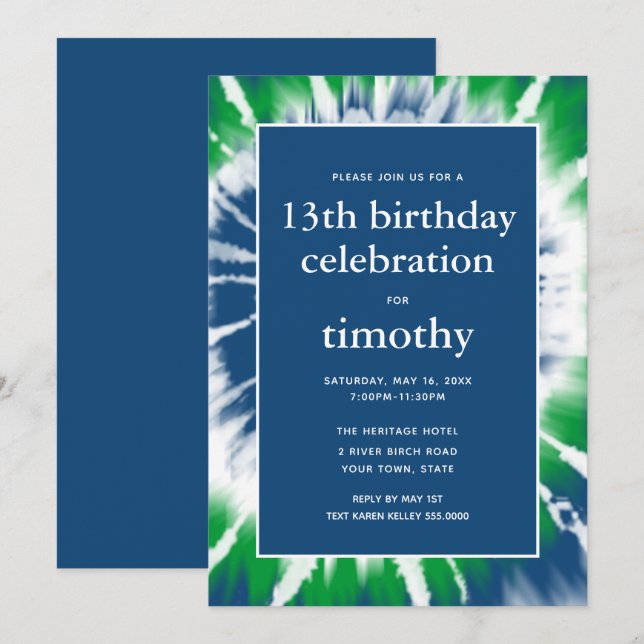 Bleu et vert Tie Dye Invitation Anniversaire (Devant / Derrière)