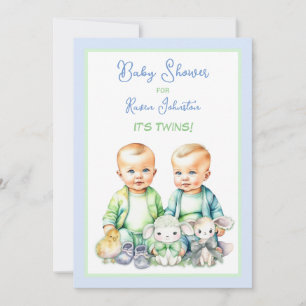 Bleu et vert Twin Boys Baby Shower Invitations