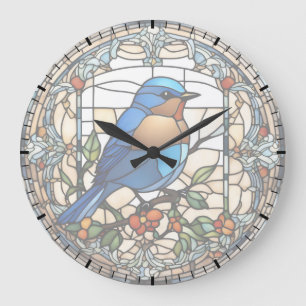 Bleu Faux Verre Tiré Bleu Horloge Oiseau