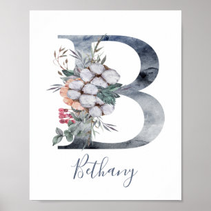 Bleu Floral Aquarelle Monogramme B Nom Poster
