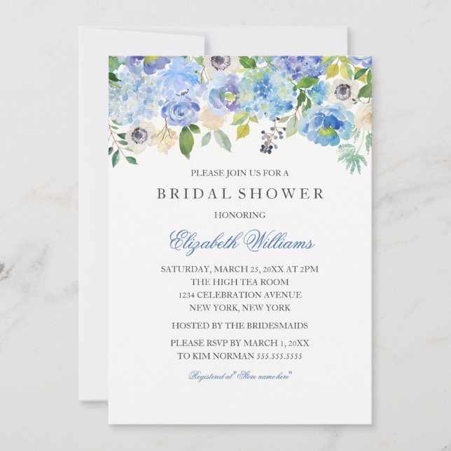 Bleu Floral Aquarelle Nuptiale Douche Invitation (Devant)