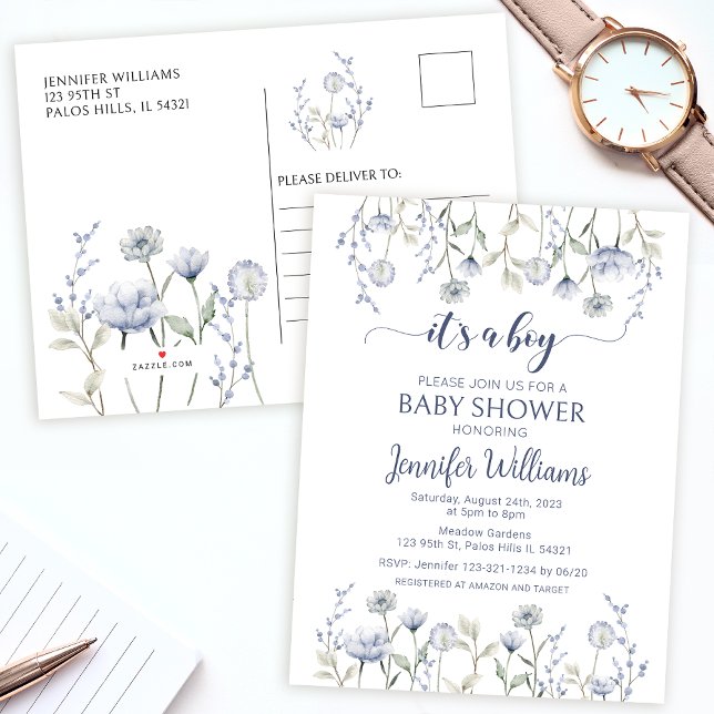 Bleu floral bébé garçon douche Invitation Carte po (Créateur téléchargé)