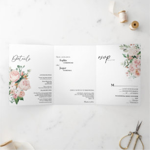 Bleu Floral Blanc Tri-Fold Faire-part de mariage