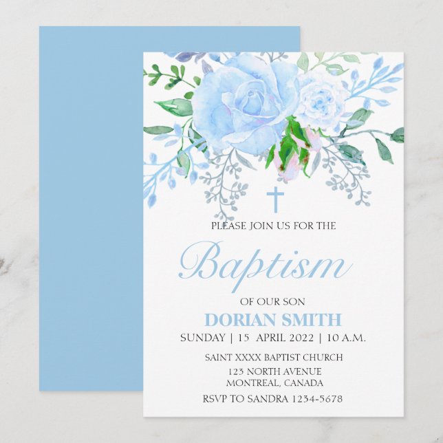 Bleu Floral Boy Invitation Baptême (Devant / Derrière)