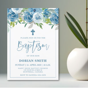 Bleu Floral Boy Invitation Baptême