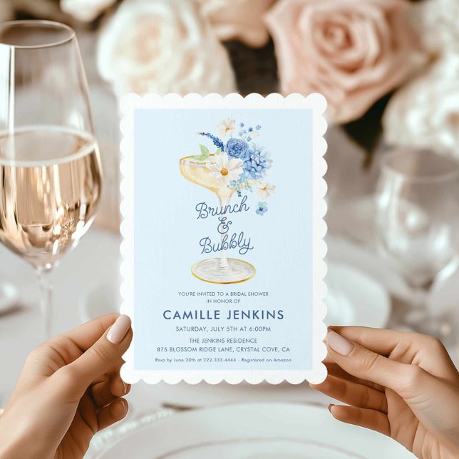 Bleu Floral Brunch et Bubbly Invitation nuptiale (Blue Brunch and Bubbly Bridal Shower invitation)