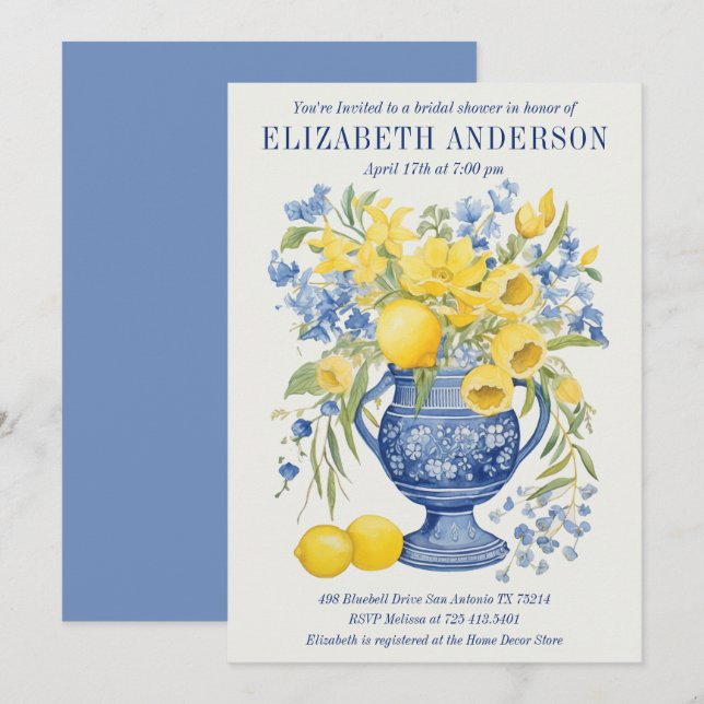 Bleu Floral Lemon Invitation de la douche nuptiale (Devant / Derrière)