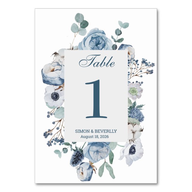 Bleu Floral Mariage Réception Numéro de table Sign (Par défaut)