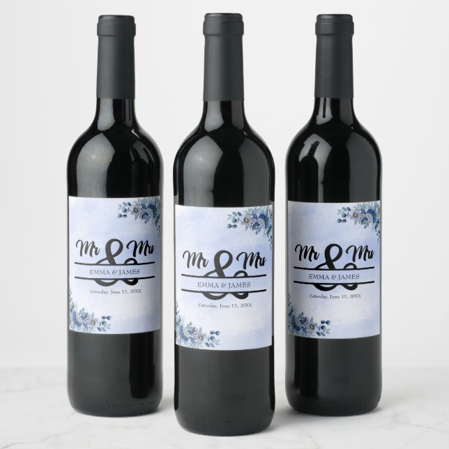 Bleu Floral Mariage Vin bouteille Étiquette (Bouteilles)