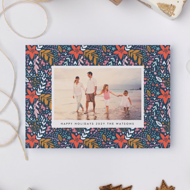 Bleu Floral Noël Joli Carte photo de vacances (Créateur téléchargé)