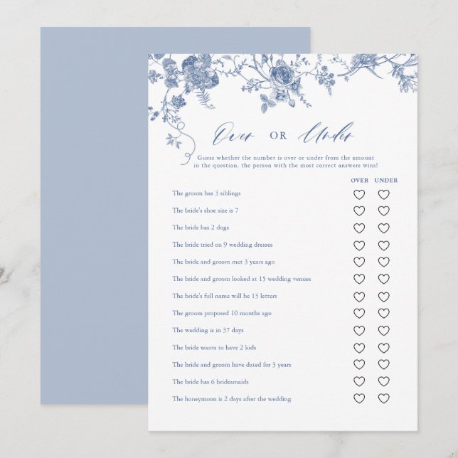 Bleu Floral sur ou sous Fête des mariées Cartes de (Devant / Derrière)