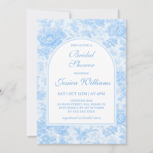 Bleu Floral Toile Bridal Douche Invitation (Devant)