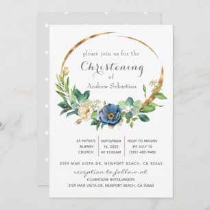 Bleu Floral Vert Baptême Boy Invitation