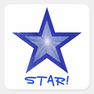 Bleu foncé Star 'STAR!' autocollant carré blanc