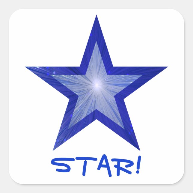 Bleu foncé Star 'STAR!' autocollant carré blanc (Devant)