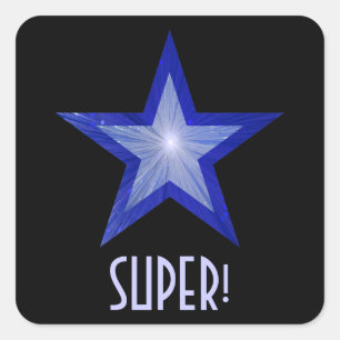 Bleu foncé Star 'SUPER!' autocollant carré noir