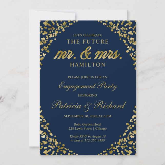 Bleu Gold Confetti Engagement Party Invitation (Devant)