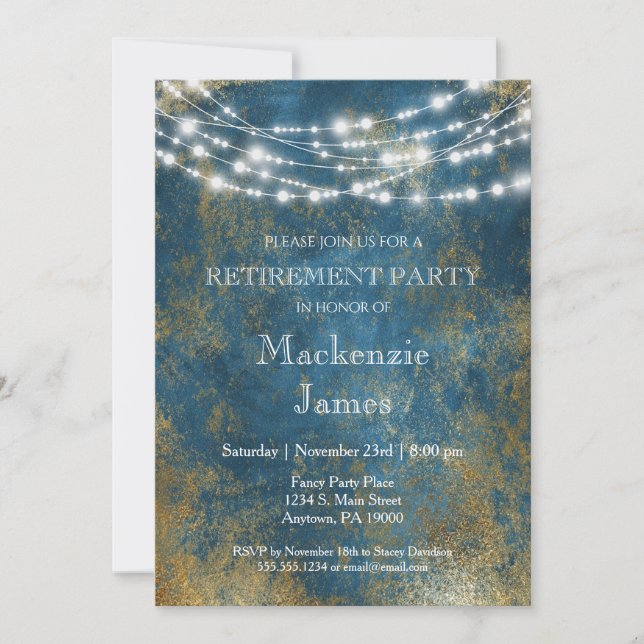 Bleu Gold Lights Retraite Party Invitation (Devant)