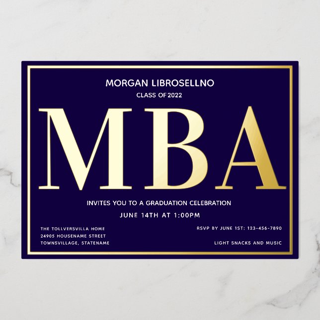 Bleu Gold MBA Graduation Foil Invitation (Recto)