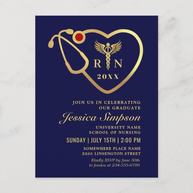 Bleu Gold Nursing Graduation Invitation Carte post (Devant)