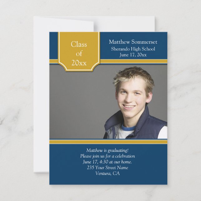Bleu Gold Photo Graduation Invitation (Devant)