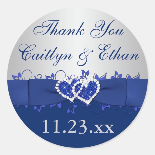 Bleu, Gris Argent Floral Mariage Favoriser Sticker (Devant)
