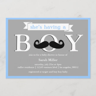 Bleu gris - Invitation au Baby shower de moustache