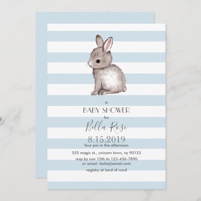 Bleu gris lapin bébé invitations de douche bébé (Devant / Derrière)